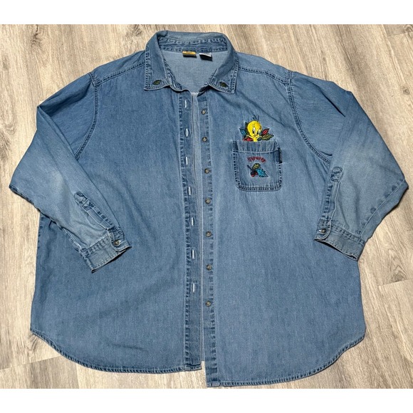 Tops - Vintage Denim‎ Shirt Sz 2X Embroidered Tweety Bird Button Front Distressed